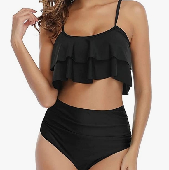Tempt Me Ruffled Top with a High Waisted Ruched Bikini Bottom Black Size S - Picture 1 of 12